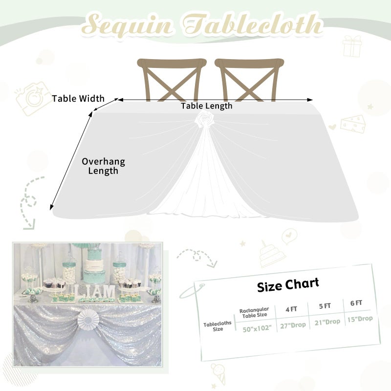 Fanqisi Sequin Tablecloths 50x102 Inch Silver Tablecloths Sequin Fabric Sparkly Table Decoration for Party Wedding Baby Shower Dinner Desserts Table - Image 5